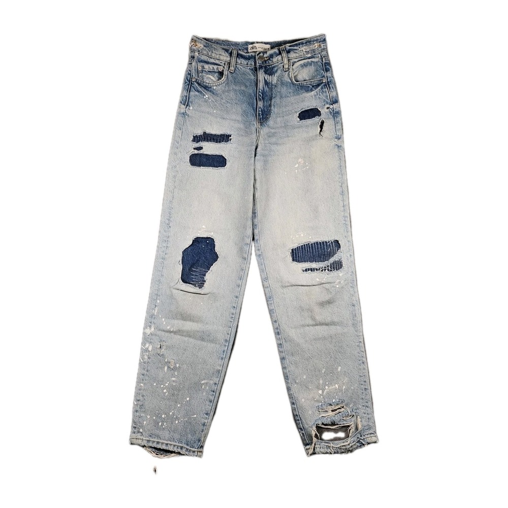 ZARA Distressed‎ Straight Leg Jeans Paint Splatter Raw Hem Women's US 2 29x32